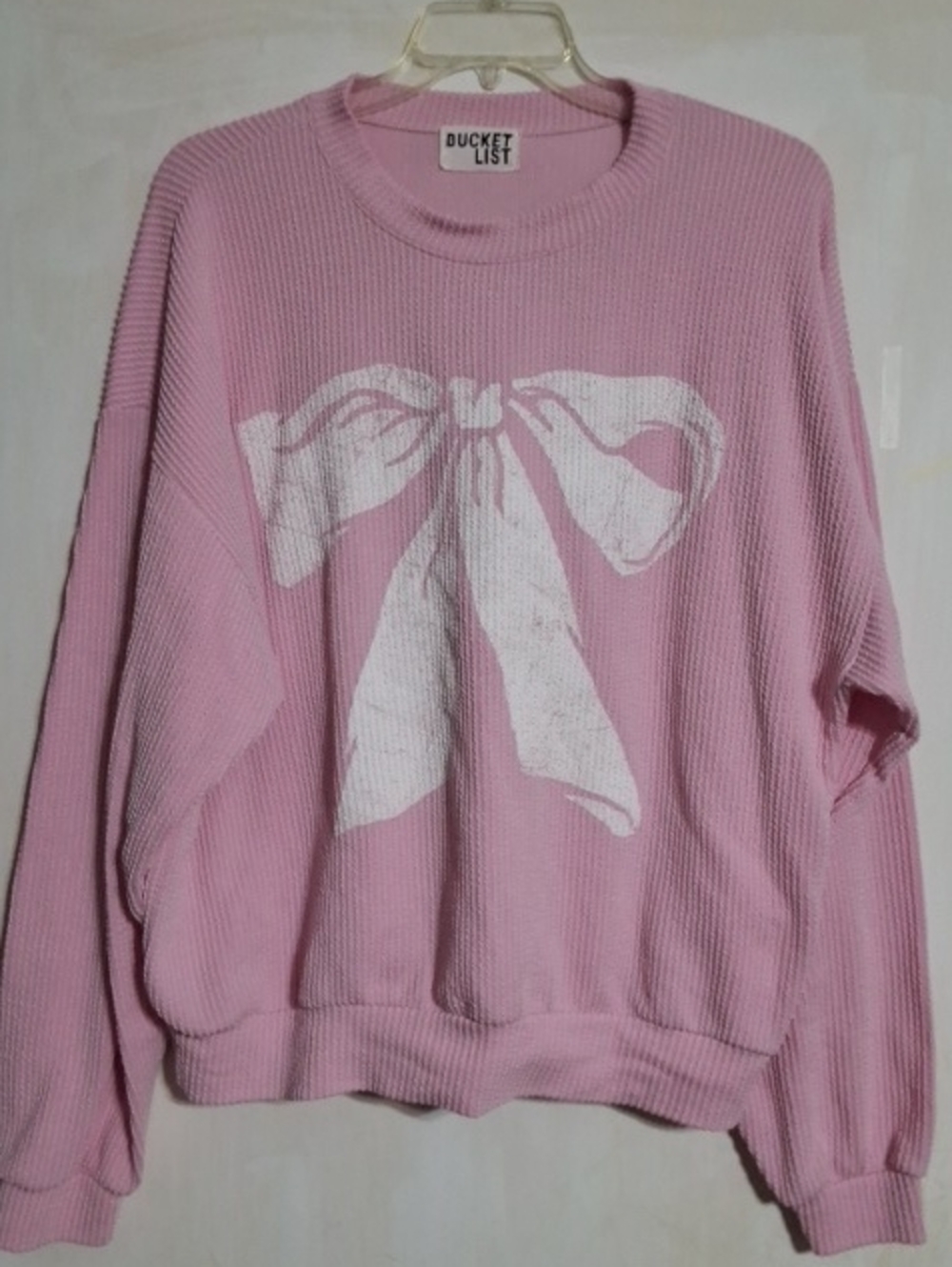 BUCKETLIST Oversized Pink Waffle Knit Sweater with White Bow